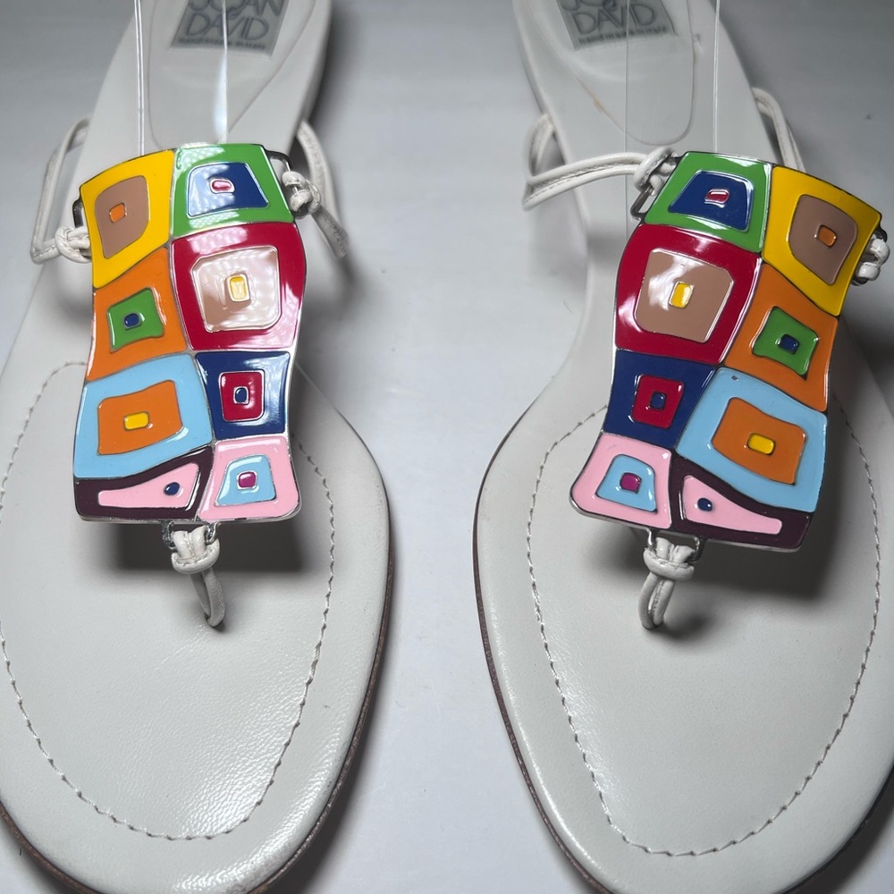 Joan & David Multicolor Geometric Mosaic Embellished White Thong Sandals - Picture 4 of 11
